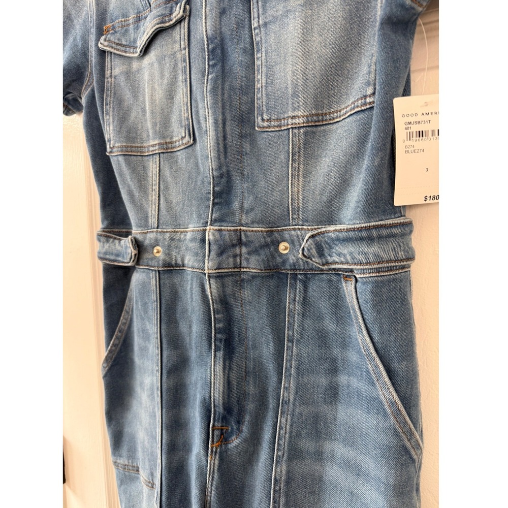 Good American Fit For Success Denim Jumpsuit Blue Short Sleeve Flare Size 3 NWT - Picture 4 of 11